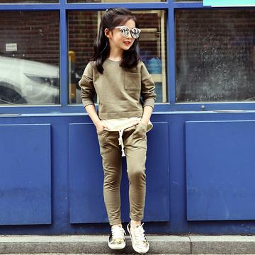 童装2016秋季新款女童韩版时尚纯色拼接口袋长袖套装潮