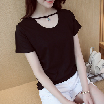 2016夏季新款韩版领口流苏镂空项链圆领短袖t恤打底衫女