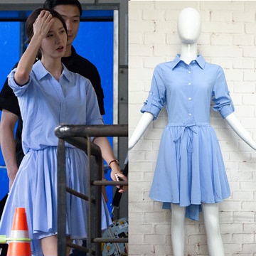夏季新款收腰修身大摆显瘦浅蓝色纯棉短袖衬衫式连衣裙不对称中裙
