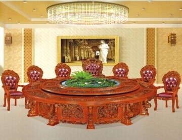 厂价豪华实木雕刻餐桌电动大圆台 酒店仿古做旧古典实木喷泉转桌
