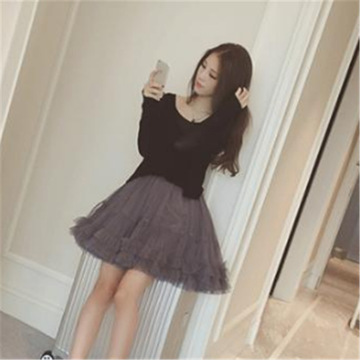 2016秋季韩版新款学院风长袖针织衫+多层网纱背心裙两件套连衣裙