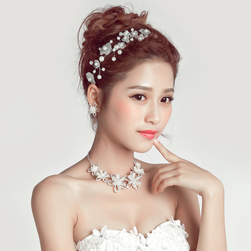 CIVET新娘头饰韩式项链耳环三件套装仿珍珠婚纱配饰首饰结婚饰品