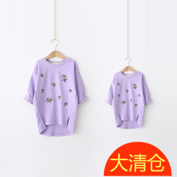 亲子装 2017春季新款韩版女童长袖T恤儿童纯棉宽松休闲卫衣中长款