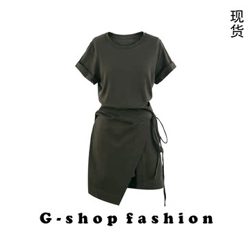 Ayuko 修身显瘦圆领A型系带高腰设计中长款短袖连衣裙女夏