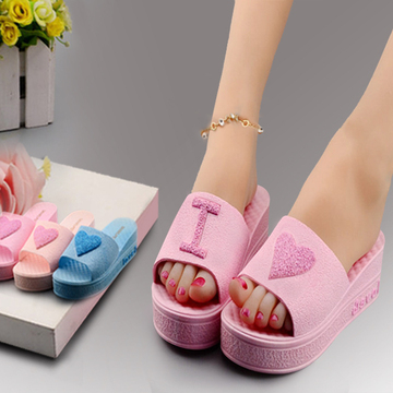 夏季新款韩版时尚心形松糕跟坡跟凉拖鞋女厚底高跟拖鞋女鱼嘴鞋