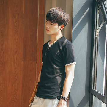 2016夏季新品v领短袖纯棉t恤男青年韩版男士紧身纯色体恤打底衫潮